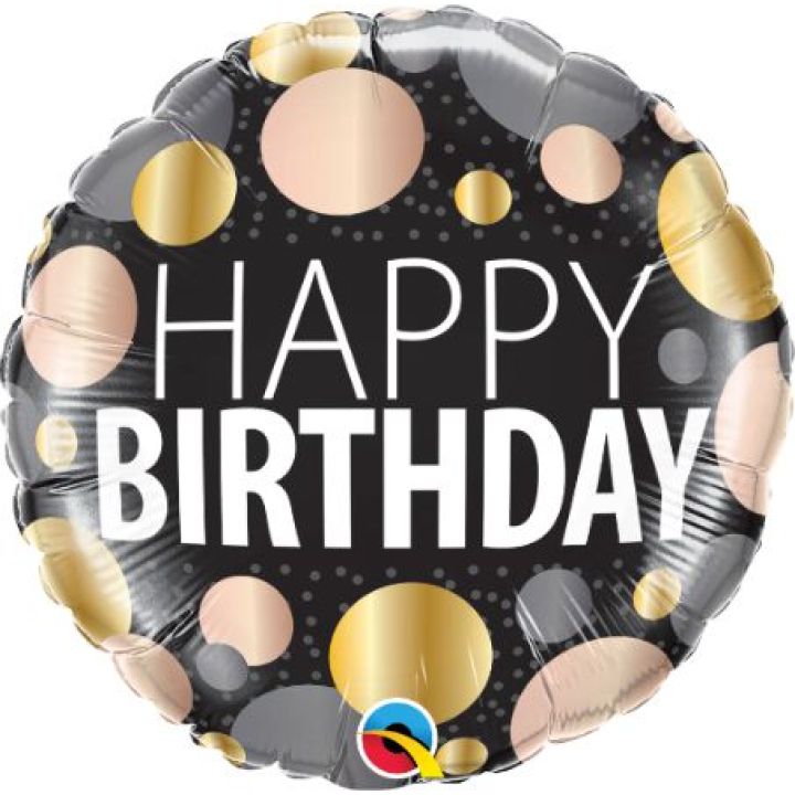 Foil Balloon ''Happy Birthday''  black with polca dots 46cm.