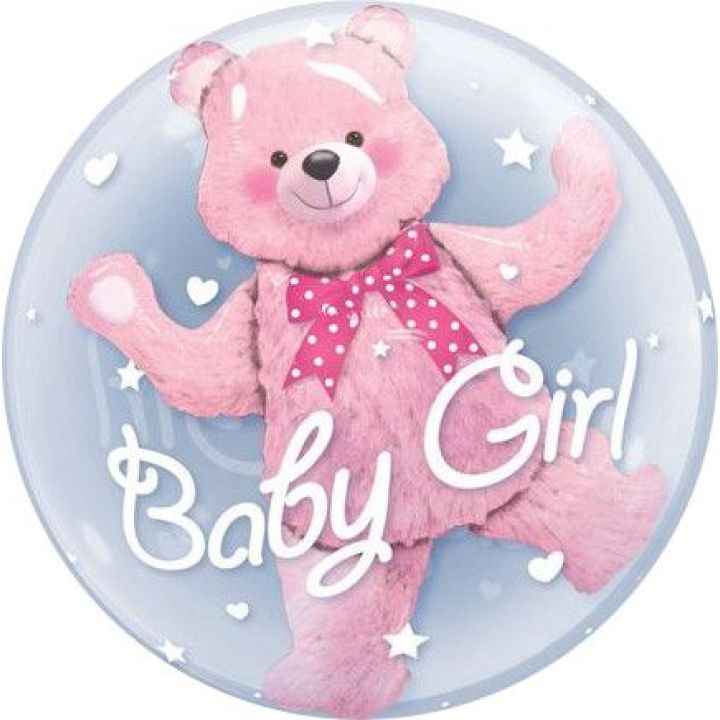 Double Stuffed Balloon Baby Girl Bear 59x69cm