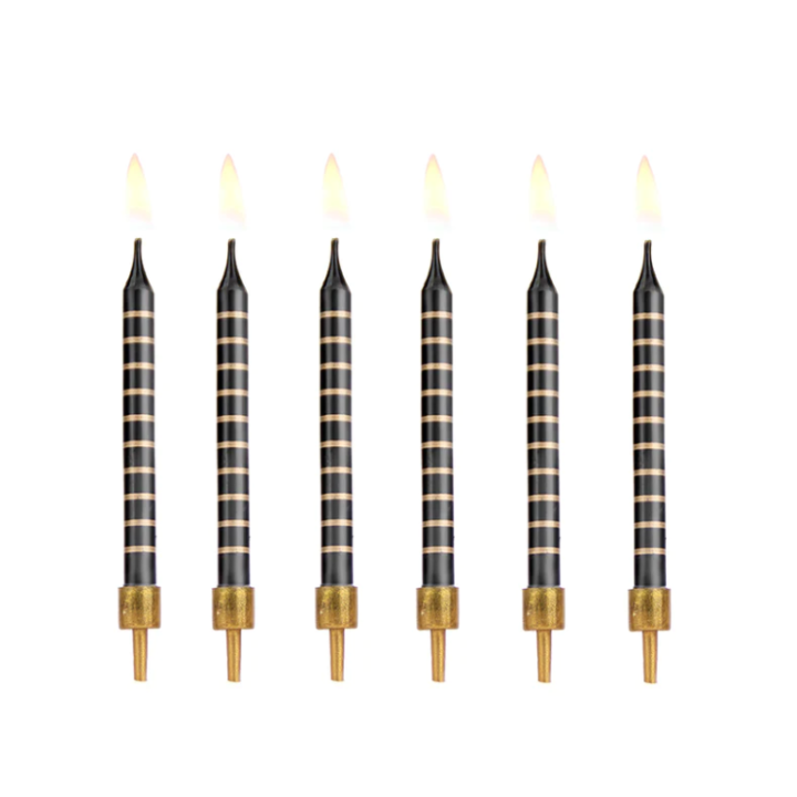 Birthday Candles Black with Gold Stripes 12pcs.