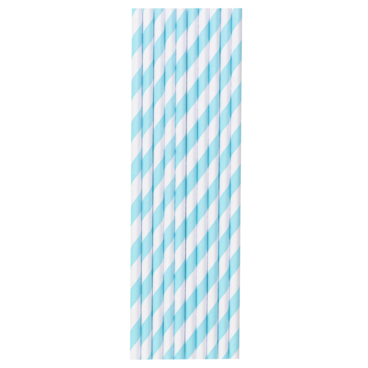 White Straws With Turquoise Stripes 10 pcs, 20cm.