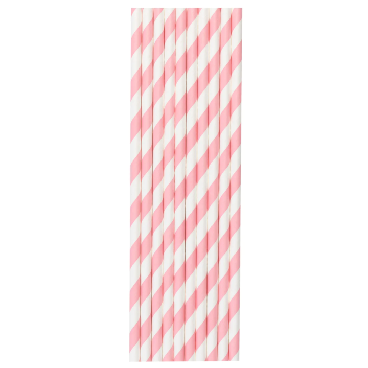 White Straws With Pink Stripes 10 pcs, 20cm.