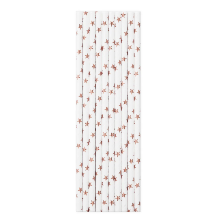 White straws with rose gold stars 10 pcs, 20cm.