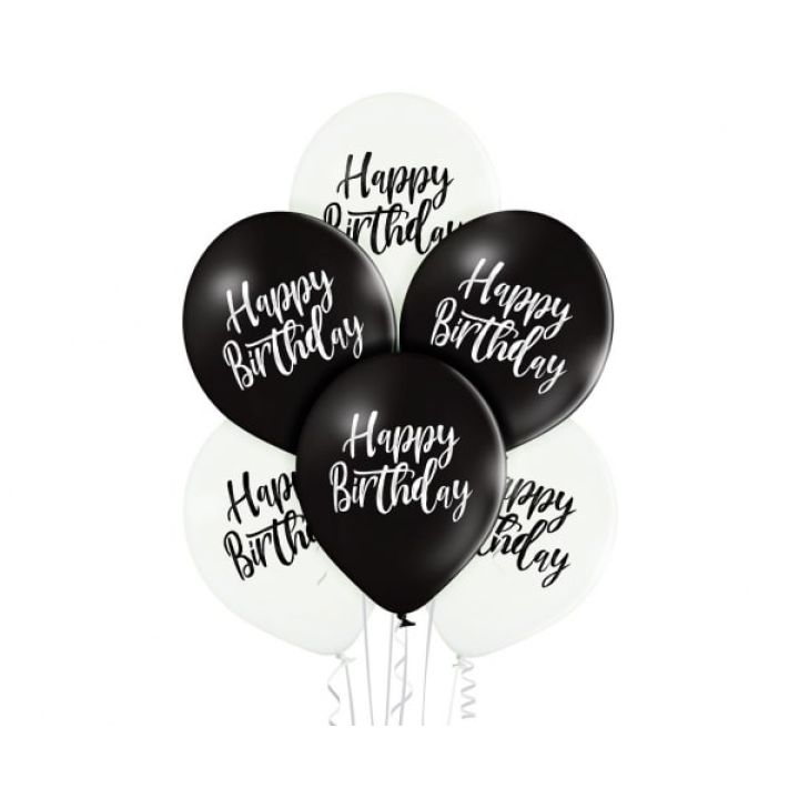Μπαλόνια ''Happy Birthday'' Ασπρόμαυρα, σετ 6τμχ. 30εκ